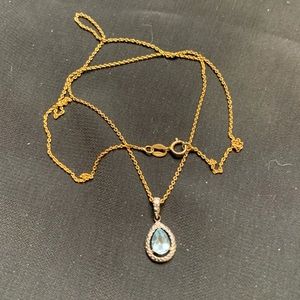 Blue Topaz Teardrop Pendant Gilt Gold Wash 925 Necklace RSE Italy Silver 17 3/4”